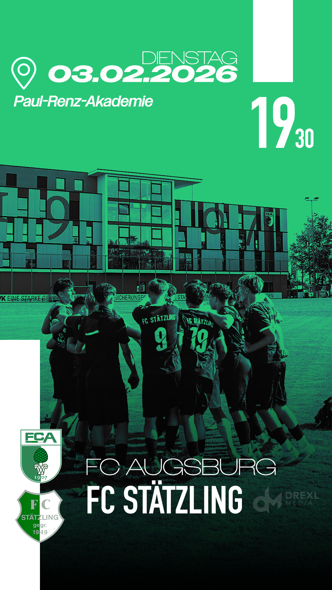 Matchday-Grafik FC Augsburg gegen FC Stätzling, gestaltet von Drexl Media